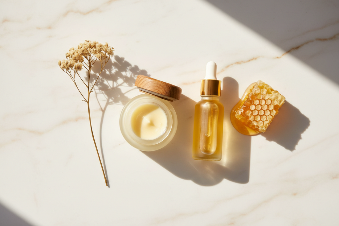 Clean flatlay of the skincare product, no clutter— Humble Bee natural skincare India