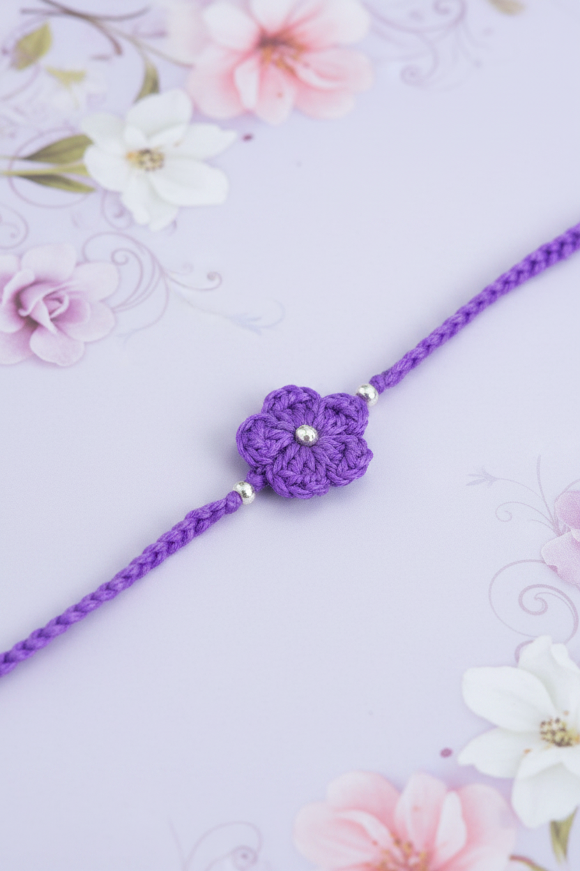 lavendar rakhi made with fine thread