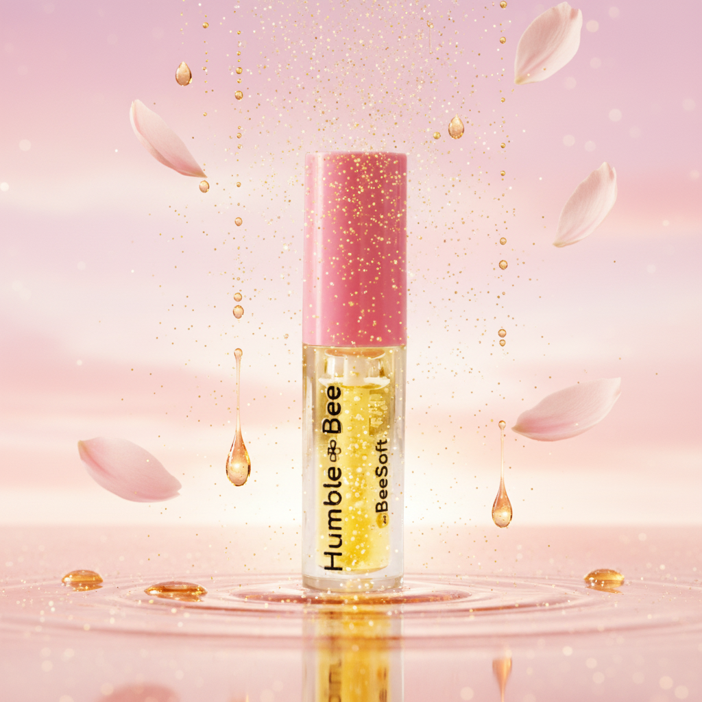 BeeSoft Humble Bee clear lip oil with pink cap — jojoba and castor oil hydrating formula