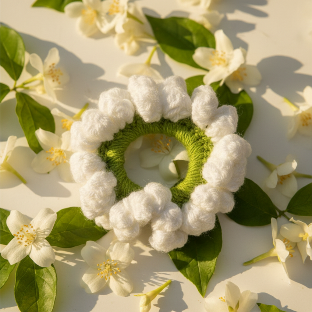 White crochet gajra scrunchie with green centre  — handmade mogra-style hair tie India