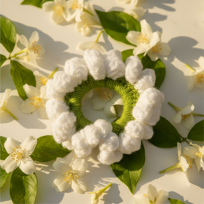 White crochet gajra scrunchie with green centre  — handmade mogra-style hair tie India