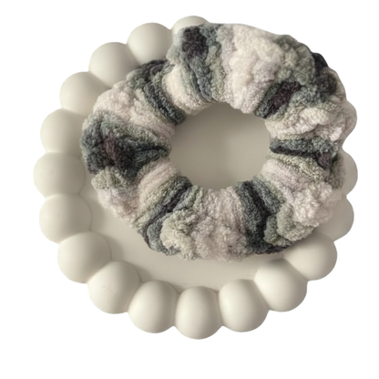 Grey ombre multi-colour fluffy scrunchie — handmade grey blush hair accessory