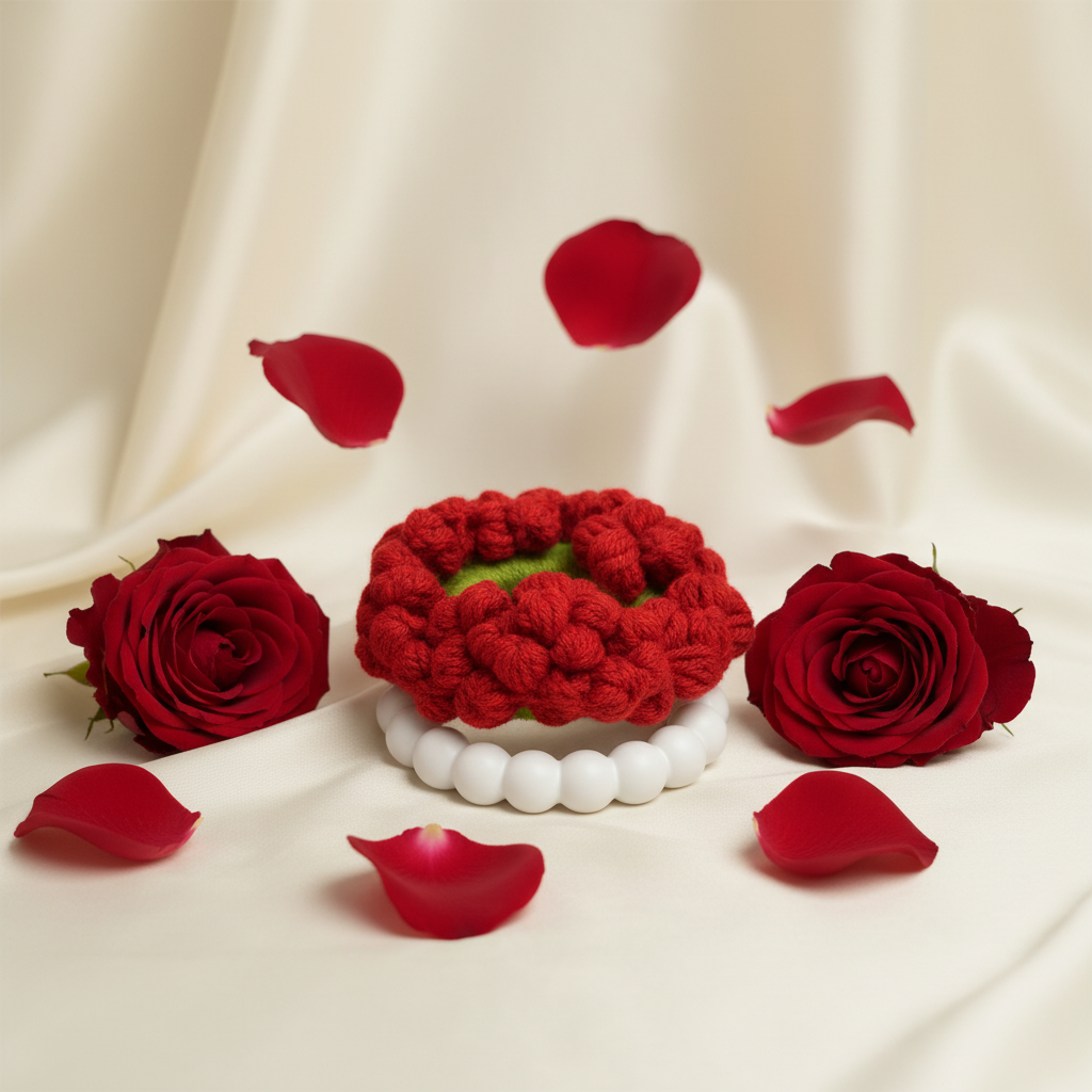 Red crochet gajra scrunchie with  — handmade Indian floral hair accessory for festivals