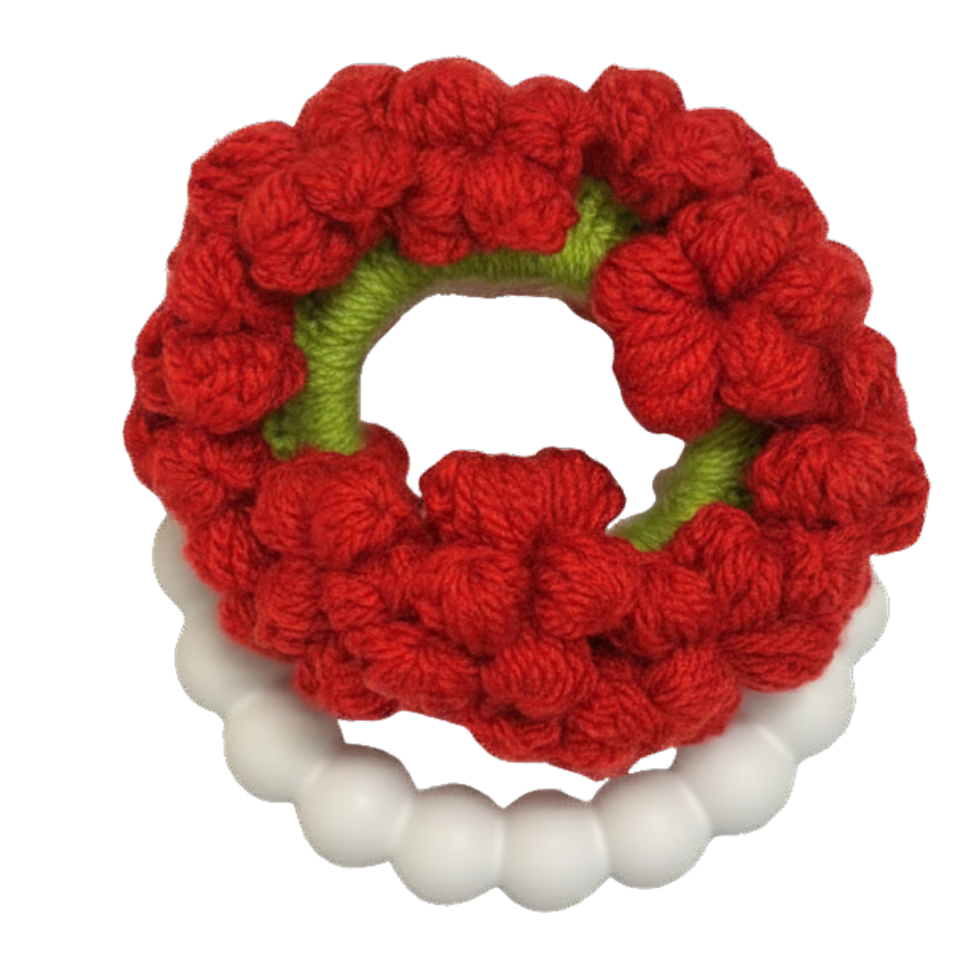 Red crochet gajra scrunchie with bubble band — handmade Indian floral hair accessory for festivals