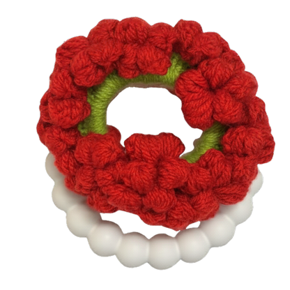 Red crochet gajra scrunchie with bubble band — handmade Indian floral hair accessory for festivals